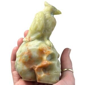 Green and Orange Onyx Swirl Skull with Raven Crystal Carving Mineral Gemstone